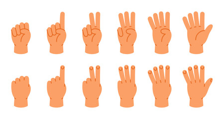 Obraz premium Flat hand signs showing numbers 0 to 10 using finger counting. Educational vector illustration for kids learning math and numbers