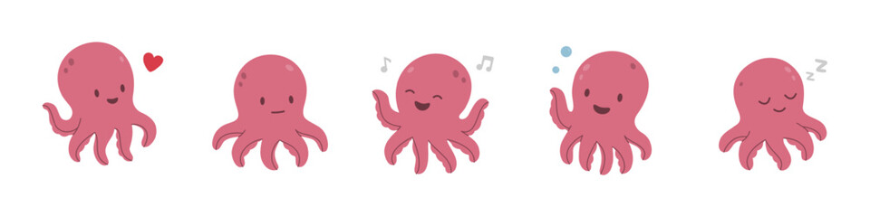 Cartoon octopus set. Flat pink marine characters with emotions - love, neutral, music, bubbles, sleep. Vector illustration pack. © Lifeking