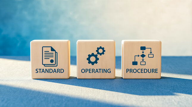 Standard operating procedure sop concept with wooden blocks and icons for business process management