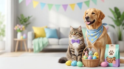 Naklejka na ściany i meble Golden retriever dog and tabby cat with easter basket of colored eggs and toy chicks in cozy living room. Festive pets wearing bandanas beside treat box. Spring holiday celebration concept for animal