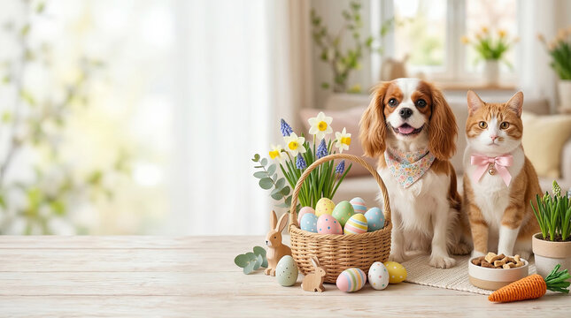 Cavalier dog and orange cat with easter basket of colored eggs. Adorable pets posing beside daffodils eucalyptus and carrots. Spring holiday celebration indoors with animals