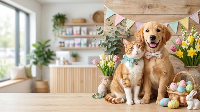 Ginger cat and golden retriever puppy wearing bow ties pose with pastel easter eggs tulips and bunny on wooden table. Adorable pets celebrating easter friendship in cozy pet store interior with