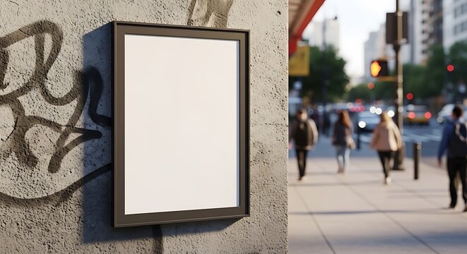 Blank canvas on graffiti wall in bustling city street with blurred pedestrians and traffic lights