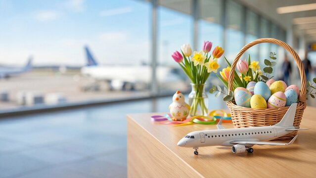 Easter basket with painted eggs tulips and chick on table in airport terminal. Holiday spring travel concept with toy airplane and decorations for celebration