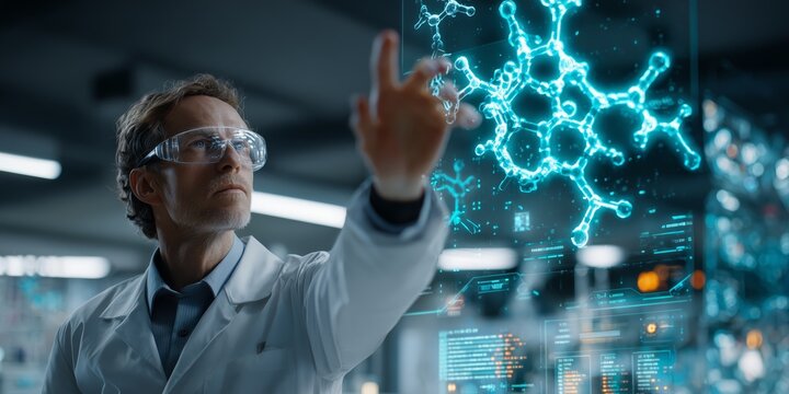 Futuristic pharmaceutical scientist examines glowing molecular hologram in dark lab, ideal for healthcare, biotech and research branding.