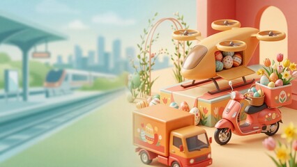 Naklejka premium Whimsical Easter delivery vehicles at spring station. Toy helicopter truck and scooter with painted eggs tulips and flowers. Holiday celebration and urban transport concept