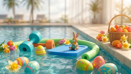 Fototapeta premium Easter eggs floating in blue swimming pool with toy bunny on float board. Colorful spring holiday decorations including basket and tulips. Fun resort poolside celebration concept