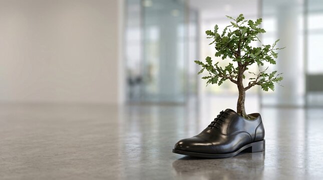 A small green tree growing out of a polished black dress shoe on a reflective floor in a modern, blurred office environment, symbolizing growth and sustainability.