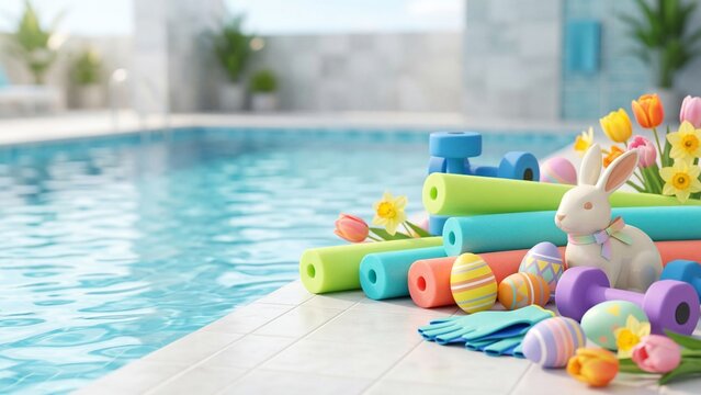 Easter bunny and colored eggs with pool noodles and spring flowers by swimming pool. Holiday decoration for outdoor seasonal fun and celebration concept