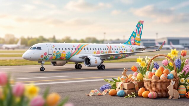 Airplane decorated with colorful easter eggs and flowers on airport runway surrounded by tulips daffodils baskets and bunnies. Easter holiday aviation theme for spring travel and celebration concept