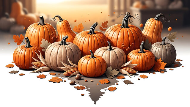 Fall illustration of pumpkins and leaves on white background