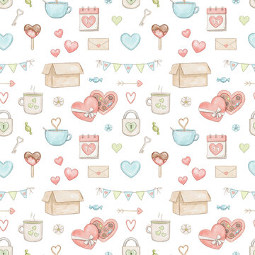 Seamless pattern with set with various objects symbol of holiday Valentine's Day isolated on white background. Watercolor hand drawn illustration sketch