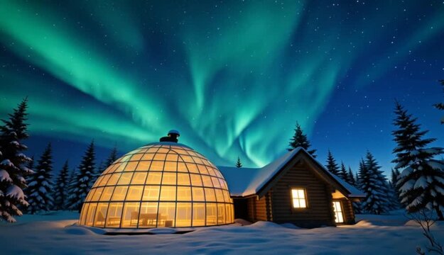 Night view of modern glass igloos and log cabins under the dancing green Aurora Borealis and starry sky in the Arctic snow forest.