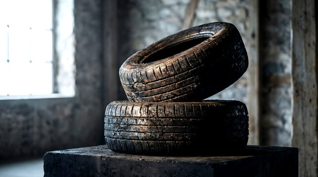 Stacked worn car tires in abandoned industrial warehouse interior