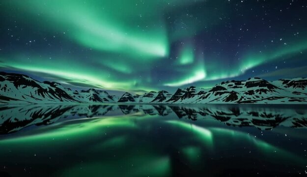 A perfect reflection of the green Aurora Borealis light on the calm surface of the lake with the iconic snow-capped mountains in the background.