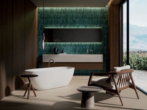 Modern bathroom interior in minimal scandinavian style, 3d render
