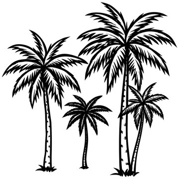 A tropical island landscape featuring the black silhouette of a coconut palm tree against a summer beach scene illustration