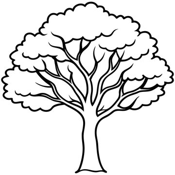 A black vector illustration of a tree silhouette with branches and roots featuring a minimalist design symbol of nature and forest life for seasonal decoration