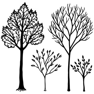 A professional set of vector tree silhouettes featuring various leaf designs and trunk shapes for nature-inspired forest illustrations, perfect for spring, summer, and autumn environment art