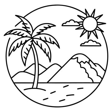 Vector illustration of a tropical beach landscape featuring a palm tree silhouette on a paradise island with sun and ocean water at sunset for summer travel design