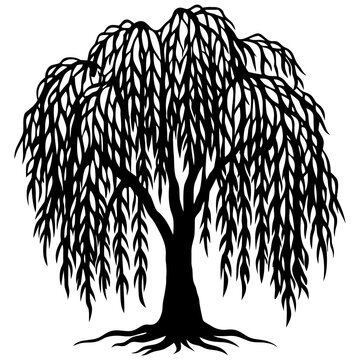 Vintage black vector sketch of a tribal tree silhouette featuring an eagle wing and lion head as a heraldic nature tattoo illustration