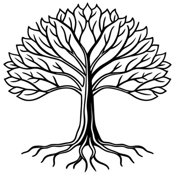 A decorative black vector silhouette of a nature tree featuring detailed branches and a leafy forest pattern with a strong root system for garden art design