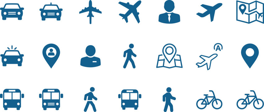 Collection of transportation icons isolated on transparent background