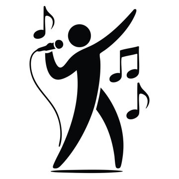 Silhouette vector illustration of singing person icon holding microphone with musical notes vocalist performing song or karaoke isolated on white background