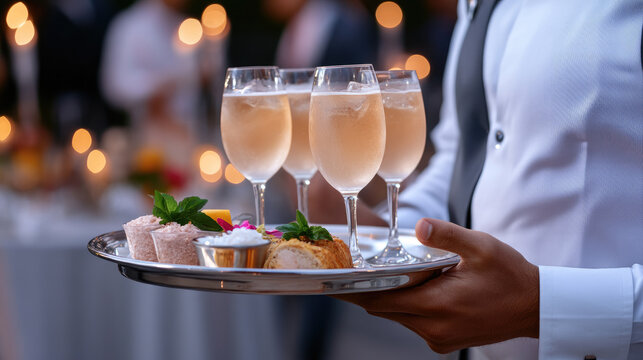 Waiter serving appetizers and pink sparkling wine to guests during a formal event, offering professional catering services for a luxurious celebration or reception