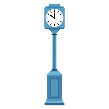 Street clock flat illustration on white urban time display design element