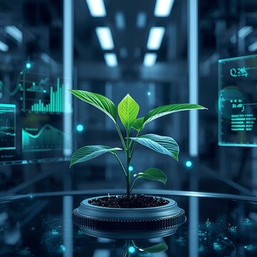 Smart plant growing in a high-tech laboratory with holographic data, Generative AI.