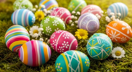Fototapeta premium happy easter colorful easter eggs flying on pastel blue studio background, banner image 