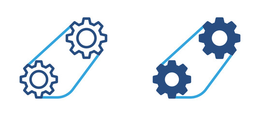 Gear mechanism icon set. Mechanical cogwheels connected by belt, engineering, machine system and industrial automation concept. Vector illustration.