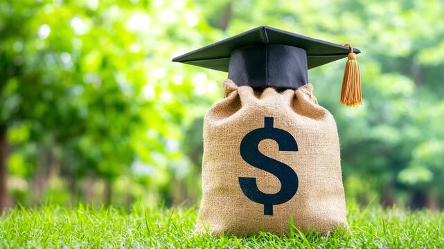 Sack of money with dollar sign wearing graduation hat on green grass in park. Concept of high cost of university education