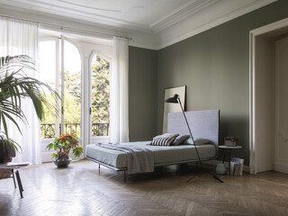 Modern luxury bedroom interior in minimal scandinavian style, 3d render © evgenij