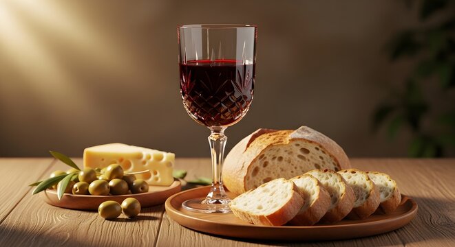 Artisanal Bread, Cheese, and Red Wine Pairing on Wooden Platters