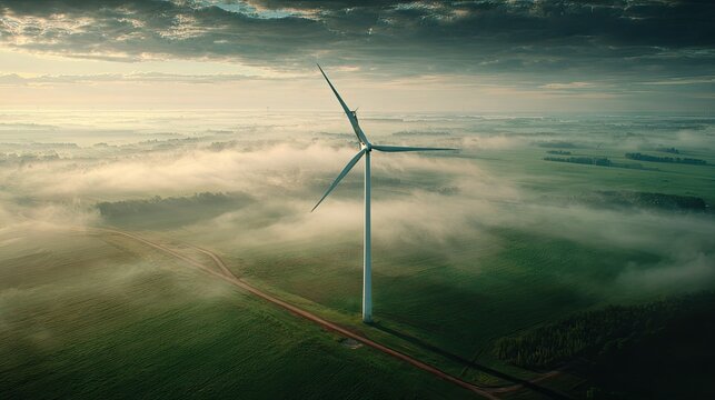 Wind turbine generating clean energy in a field surrounded by fog