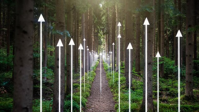 Financial growth chart on a forest path representing sustainable investment strategy green business road and ecological success concept