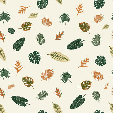 A stylish, seamless botanical pattern featuring stylized tropical monstera leaves, palm fronds, and heliconia flowers