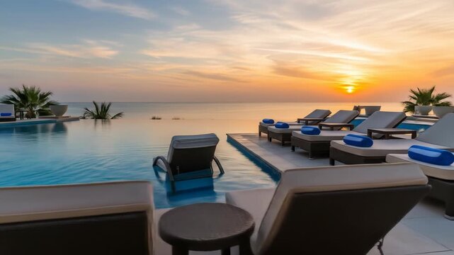 A serene infinity pool overlooking the ocean at sunset with lounge chairs