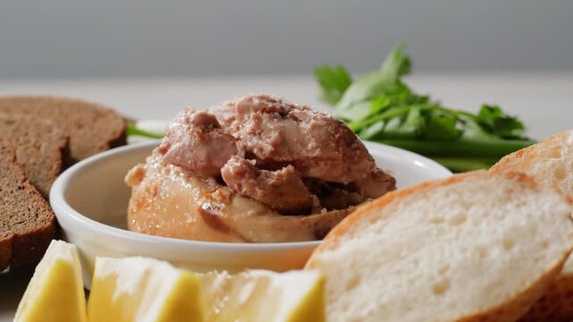Cod liver superfood can, omega 3 Smoked cod liver in oil in open tin can with fresh greens on wooden table. Seafoods delicacy