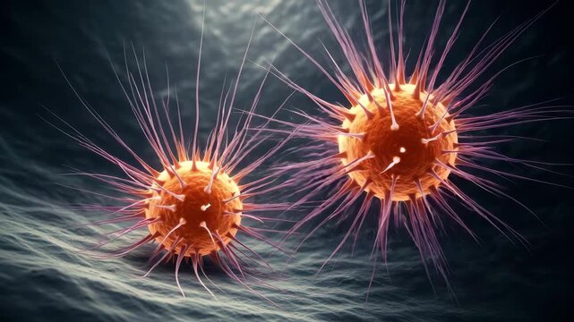 Two orange virus cells with pink spikes on dark background with light effects 4k video