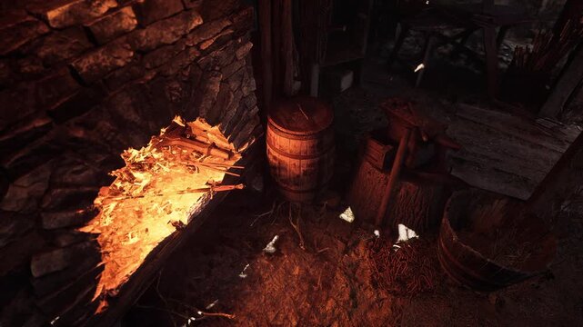 The old forge features glowing embers and wooden barrels, surrounded by tools and rustic decor, showcasing the traditional craft of blacksmithing in a warm, inviting atmosphere.