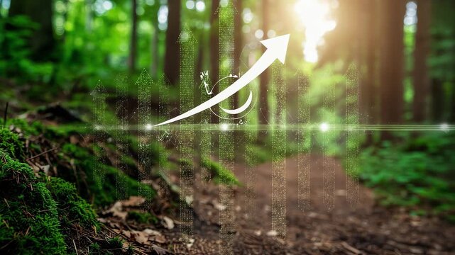 Sustainable business growth concept with rising financial bar chart on green moss in forest representing green economy and environmental investment
