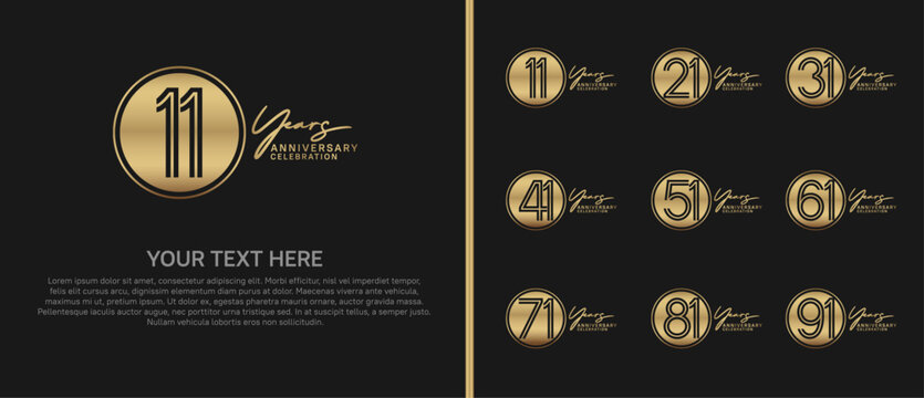 anniversary logo set with circle. golden color on black background for celebration moment