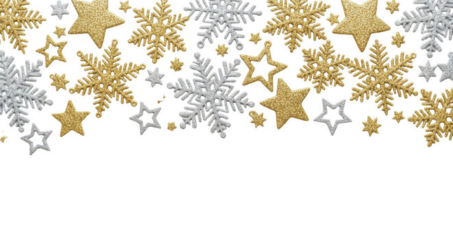 elegant arrangement of glittering gold and silver snowflakes and stars forming a horizontal top border on a transparent background with ample copy space, high-end celebration concept