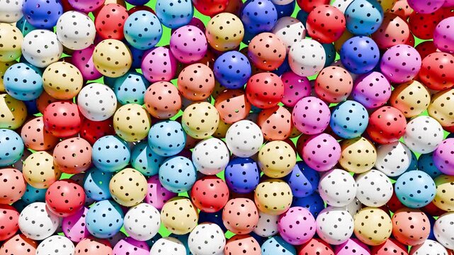 Many colorful pickleball balls fall from above and fill the screen. Shortly thereafter, the balls fall off the screen and it becomes empty.