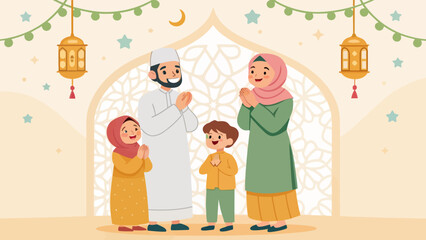 Fototapeta premium A Muslim family is gathered together in a festive setting, celebrating a special occasion with traditional decorations and attire.