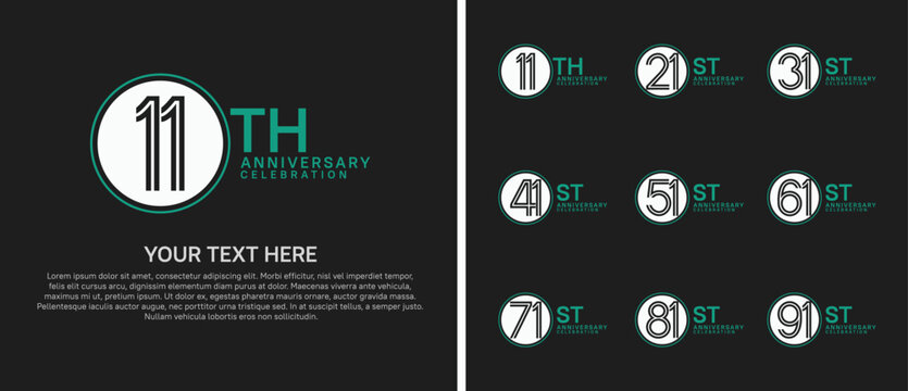 anniversary logo set with circle. white and green color on black background for celebration moment