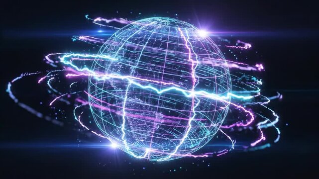 Rotating wireframe sphere with neon glow. Animated digital globe spinning on black background. Futuristic technology orb visualization concept
